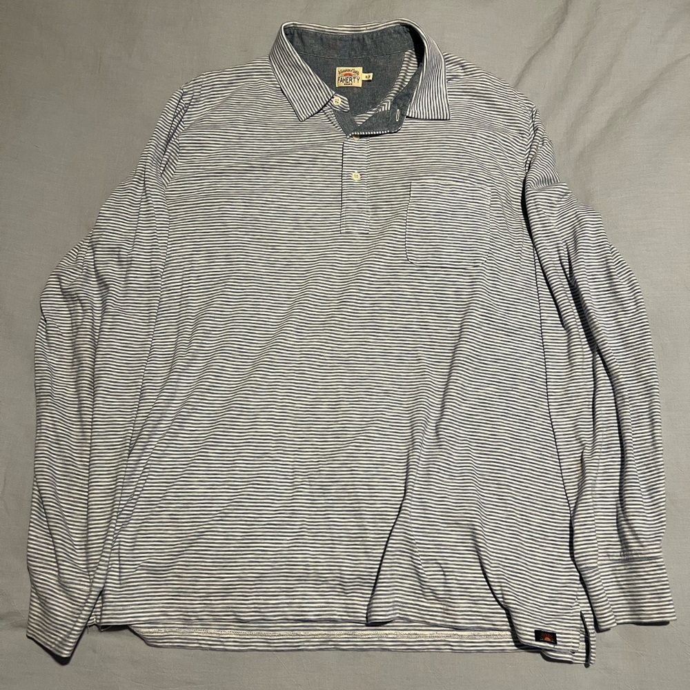 Faherty Long-Sleeve Polo - Blue/White Striped - XL